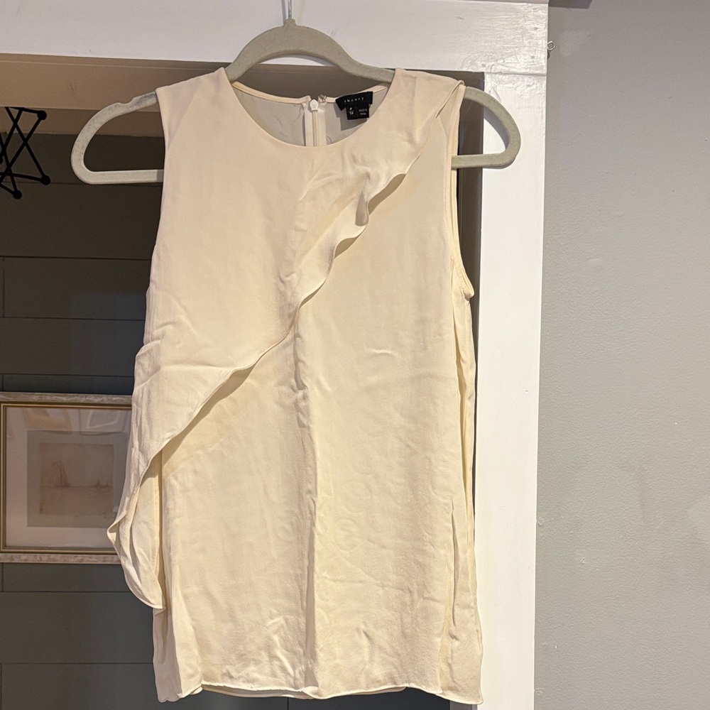 Theory Cream Ruffle Detail Silk Tank